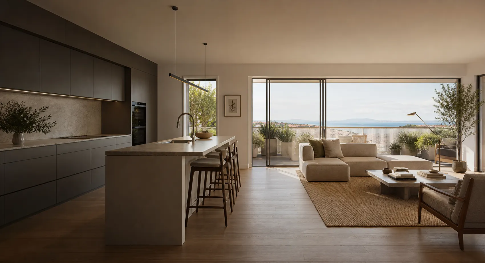 Cozinha e sala contemporâneas com vista ampla