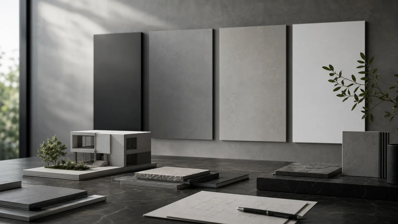 Estúdio de arquitectura com modelo e materiais